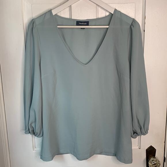 Modcloth Seafoam Ocean Vibe Green Mint V-neck Crepe Blouse W-517 Sz M - Picture 1 of 6